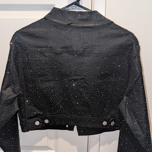VBRT Black Rhinestone Cropped Denim Jacket | Sparkle Studded | Women’s - Picture 3 of 3